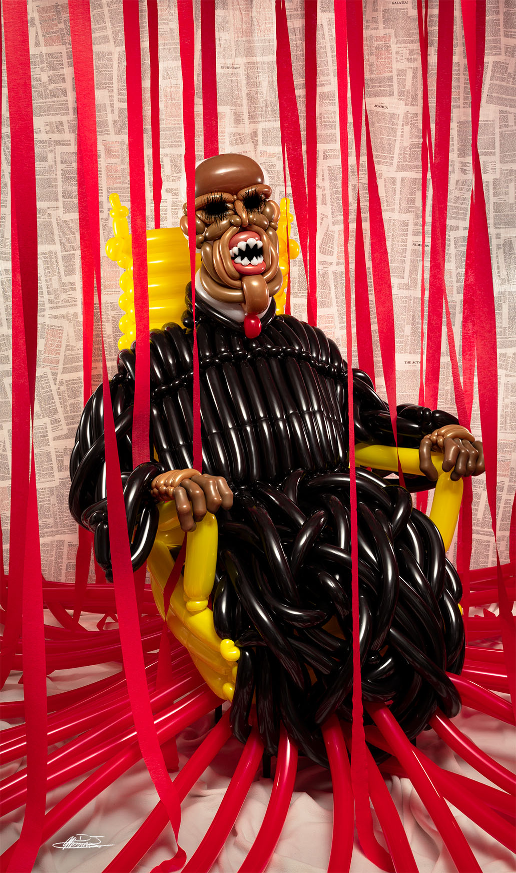 Clarence Thomas balloon sculpture sitting on a golden throne in front of a bible wall backdrop with blood red party streamers hanging down around him in the style of Francis Bacon's Study after Velázquez's Portrait of Pope Innocent X
