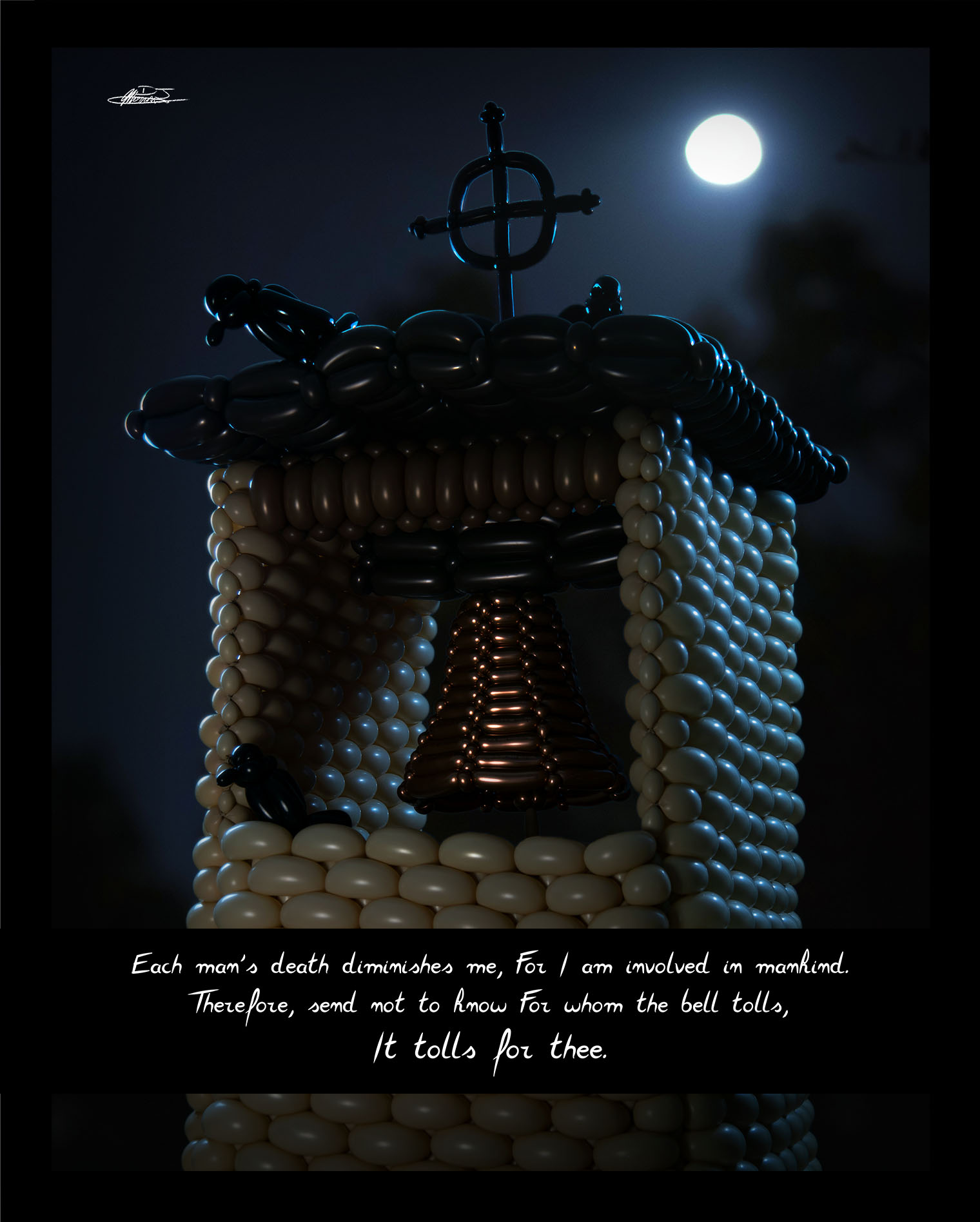 For whom the Bell tolls balloon sculpture of bell tower with excerpt from poem by John Donne
