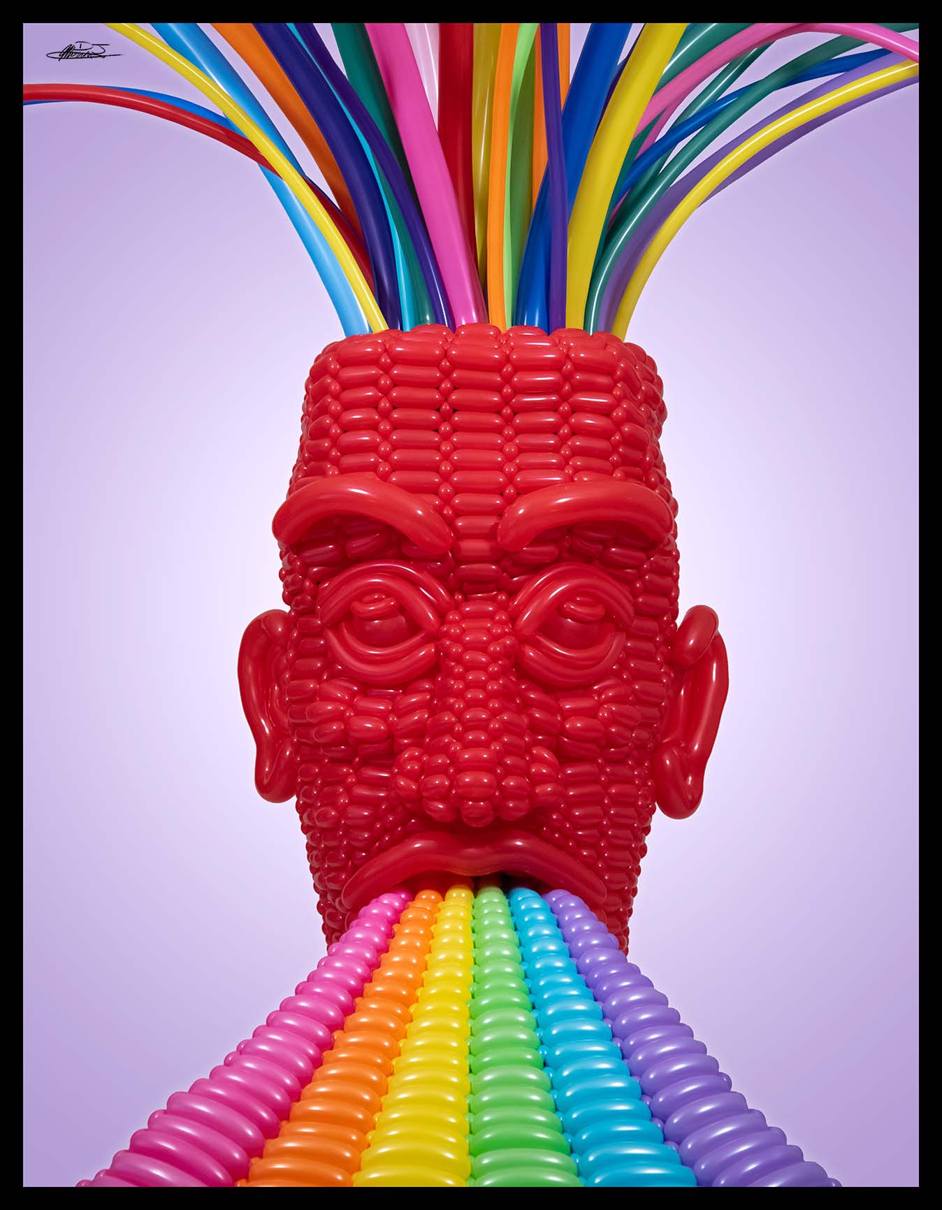 Stratification balloon sculpture of giant red head with colored balloons flowing into the top, vomitting out a rainbow