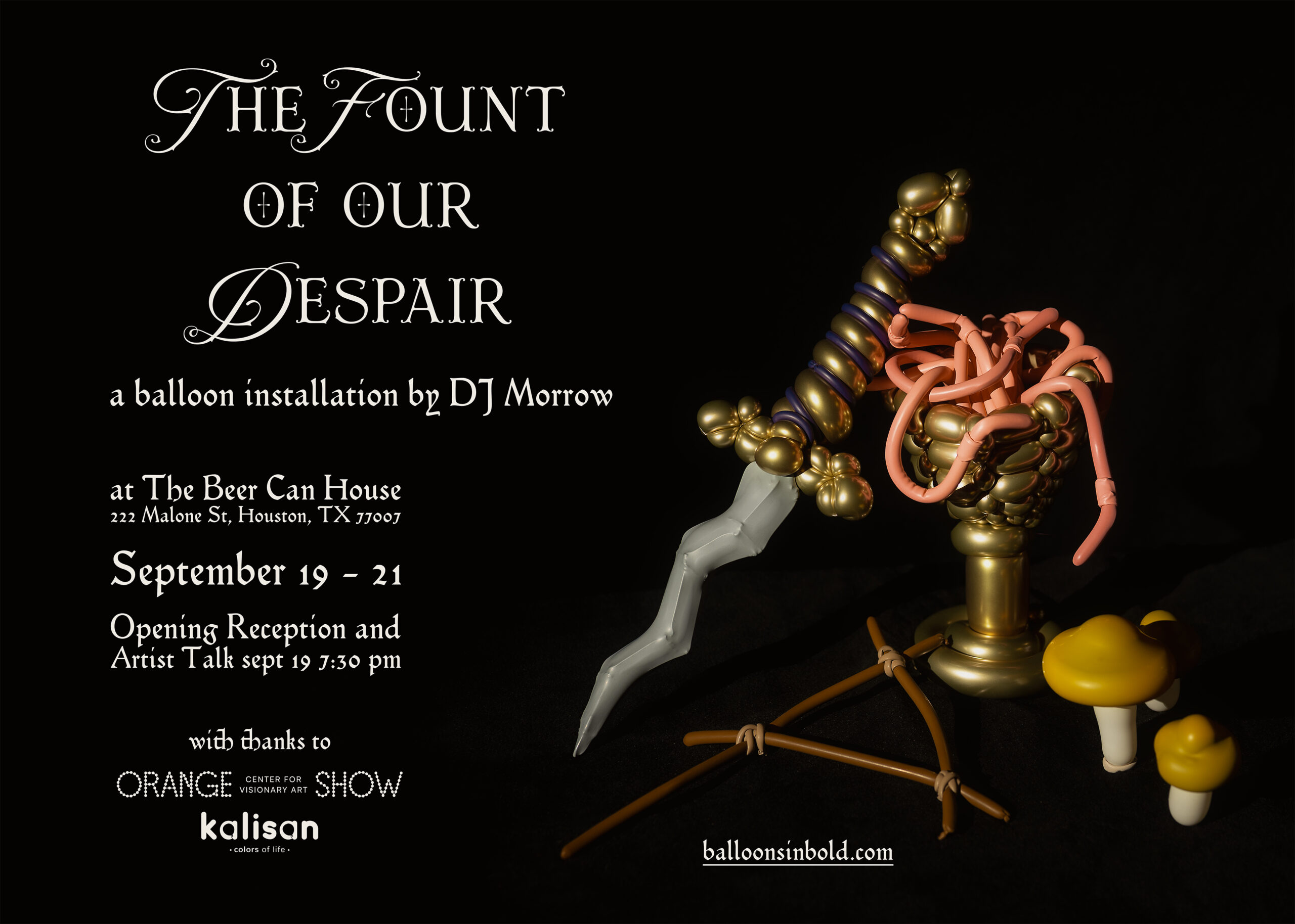 Banner for balloon installation the fount of our despair with dagger, goblet of worms, stick totem, and mushrooms