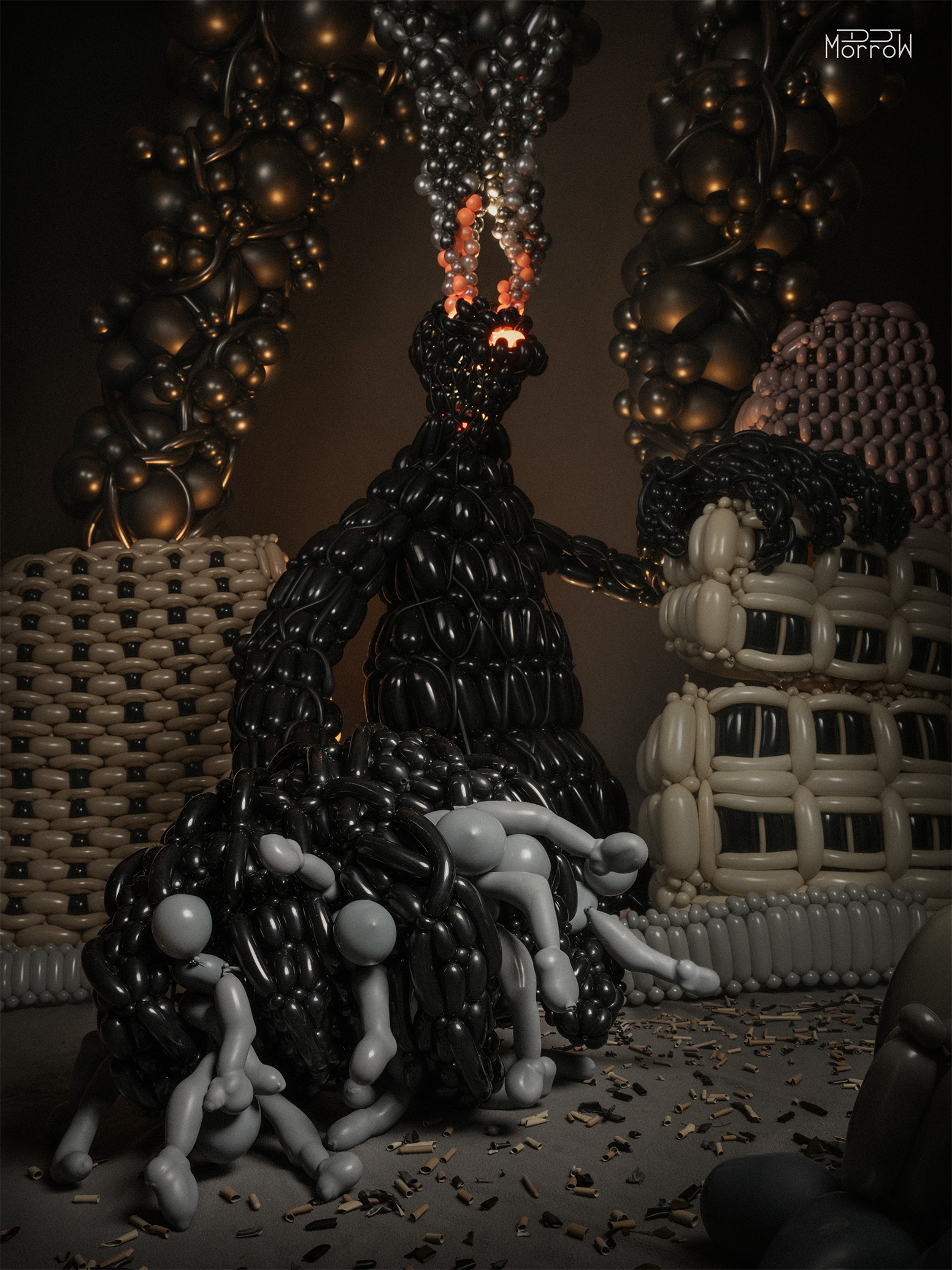 balloon scene of Giant smoke monster grasping pile of corpses while destroying buildings in front of smoke plumes