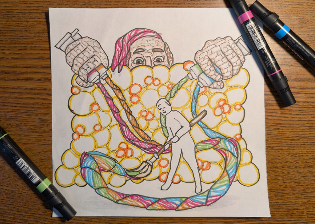 commercial backdrop sketch of balloon wall with giant head peaking out with squeezed paint flowing into brush that figure is holding