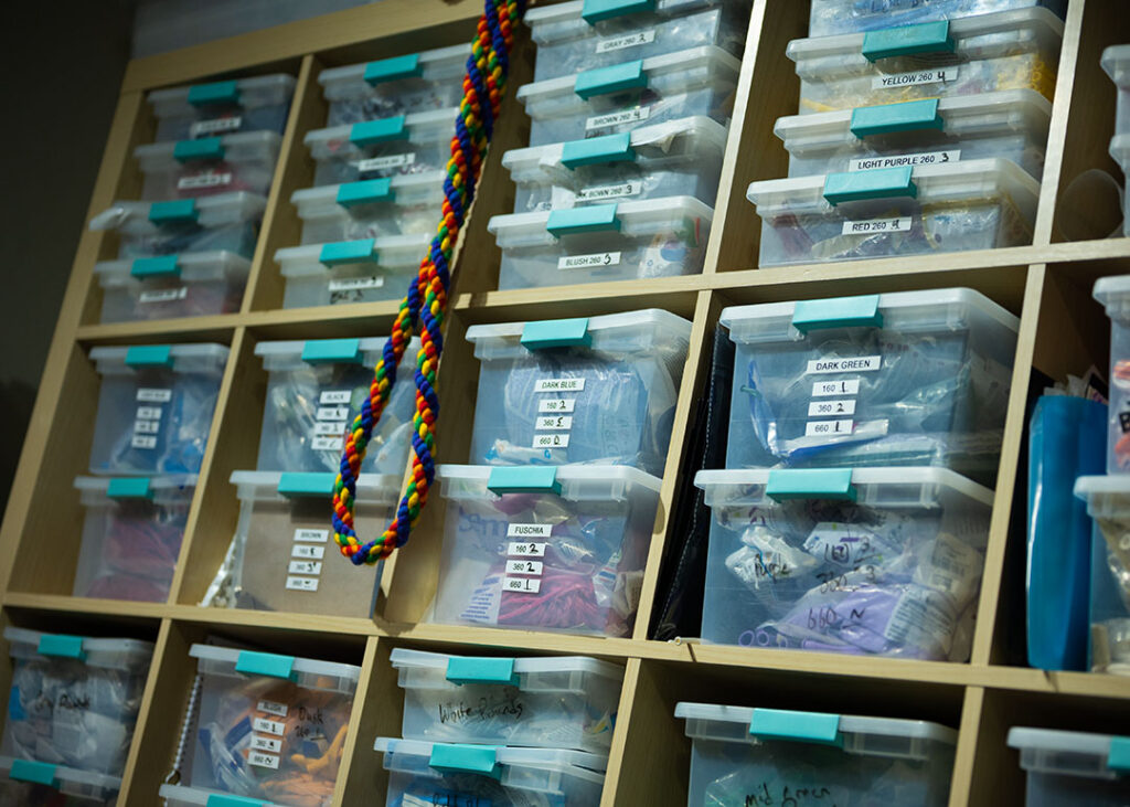 balloon workshop shelf inventory of labelled bins
