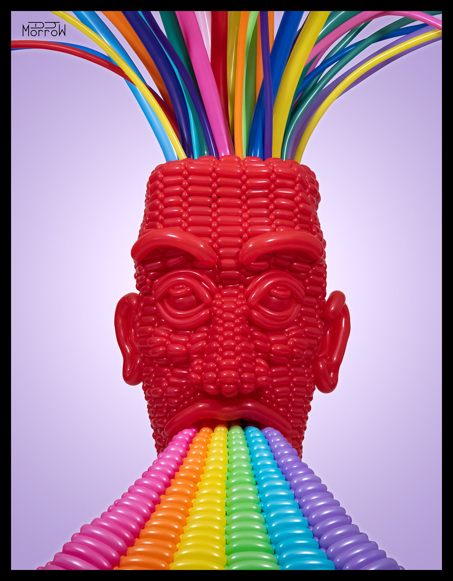 stratification sculpture red woven balloon head with colorful rainbow balloons streaming in top and aligned rainbow vomiting out of mouth