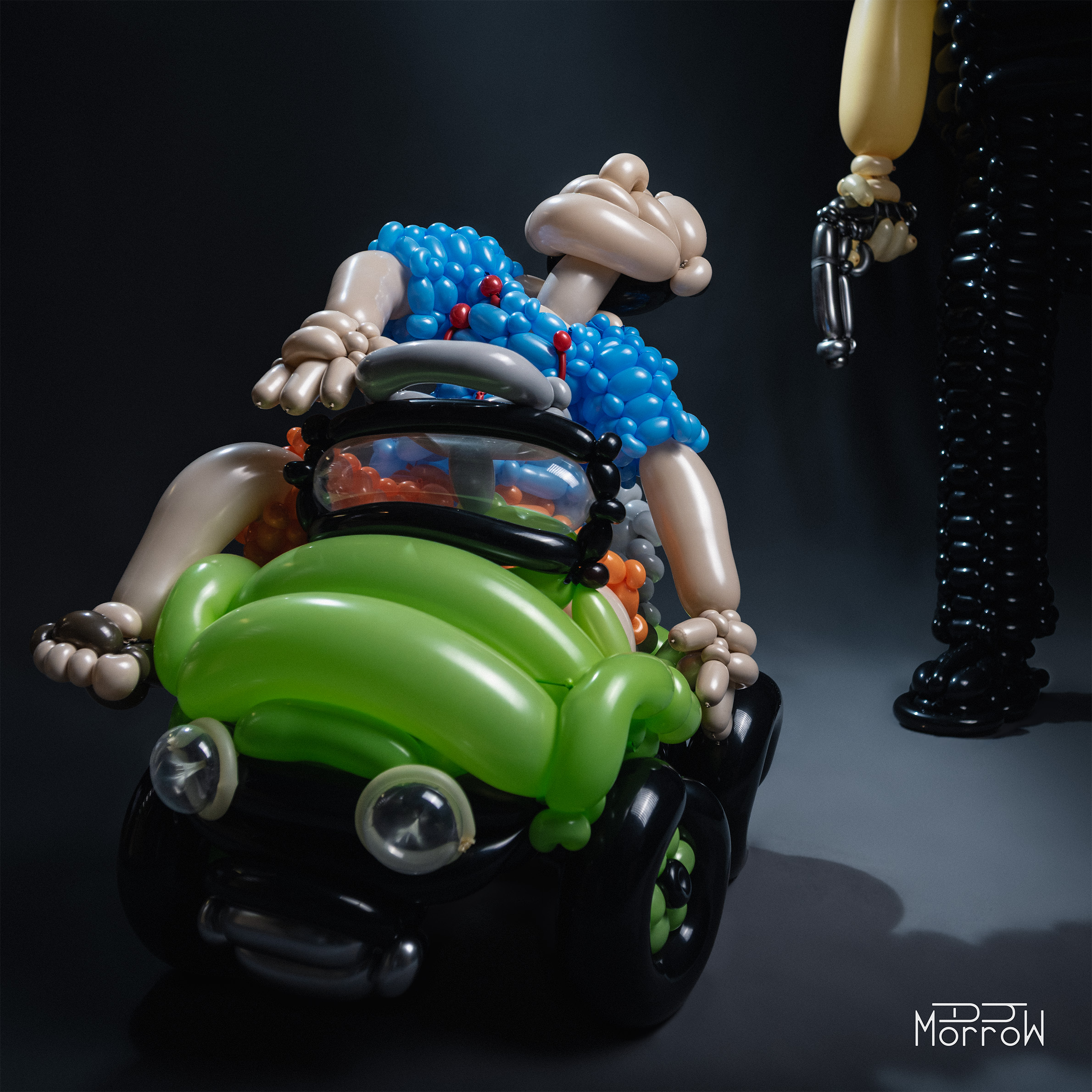 balloon sculpture of child in kiddie car shot dead by figure with a gun